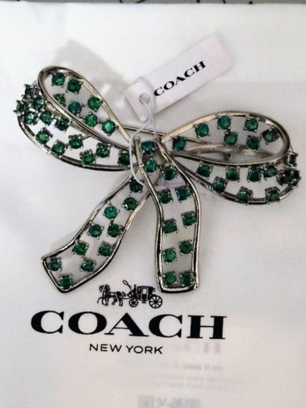 Coach Crystal Bow Brooch Green & Silver CAF22